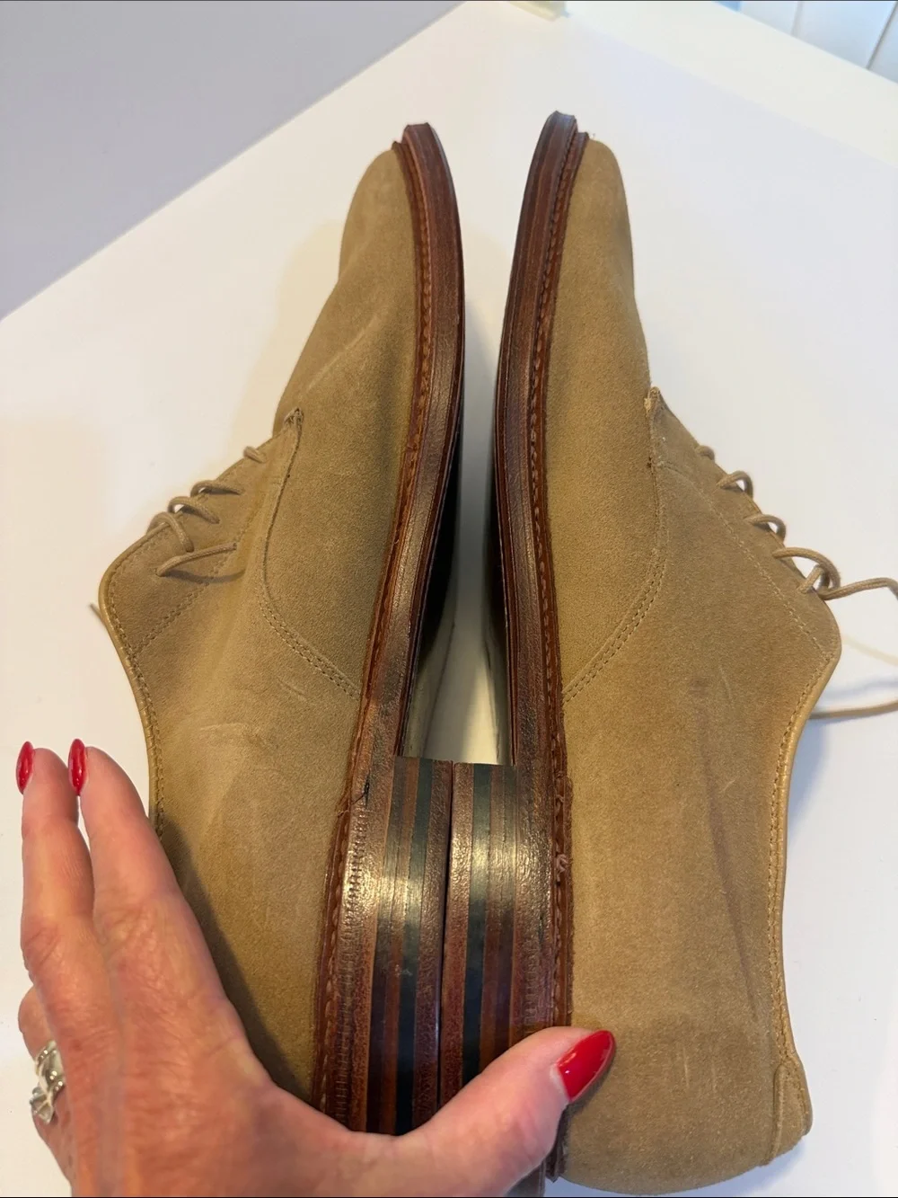 Alden Plain Toe Blucher Flex Welt Tan Suede Sz 12.  New/Flawed.  Tub10